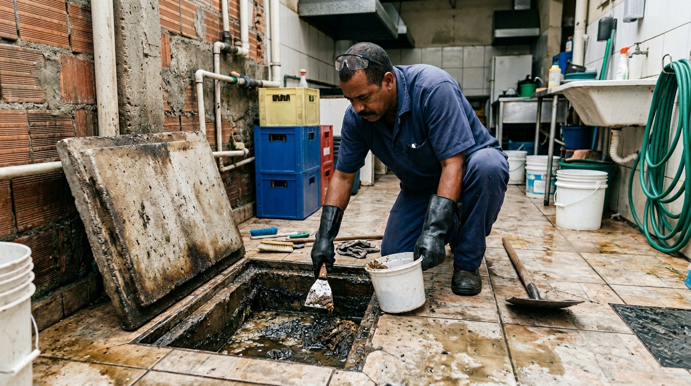 Limpeza de caixa de gordura residencial em Cotia‑SP